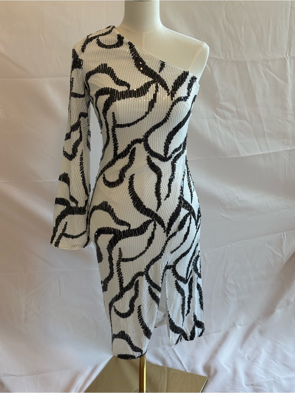 Asymmetrical One-Shoulder White Sequin-Embellished Dress